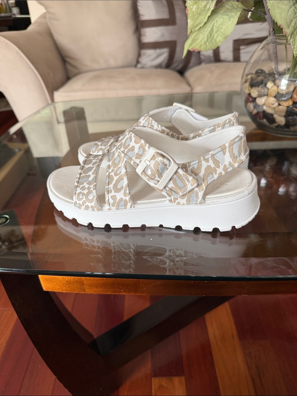 Skechers Women’s White and Beige Leopard Print Sandals - Picture 2 of 6